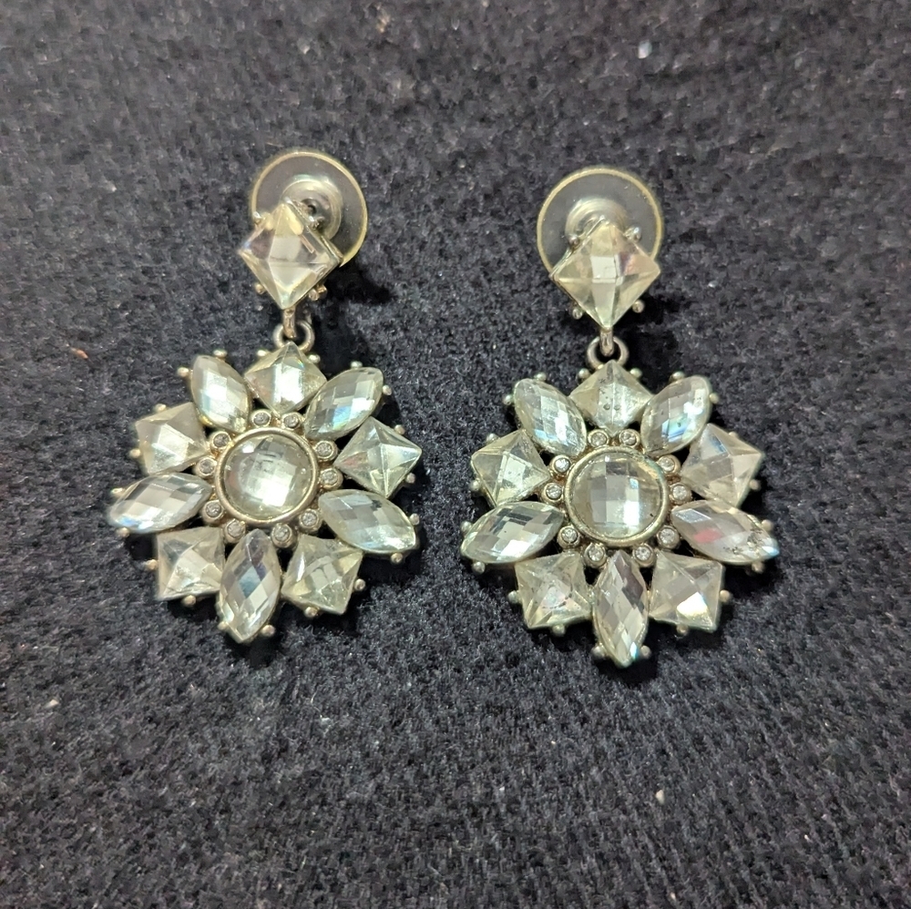 Silver Tone Clear Rhinestone Dangle Drop Statement Earrings